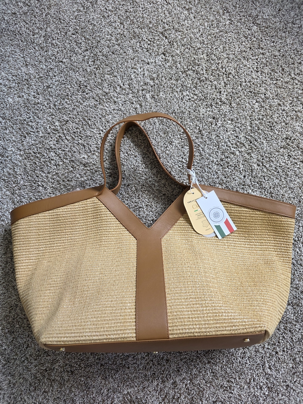 Tan Straw Tote Bag with Leather Trim